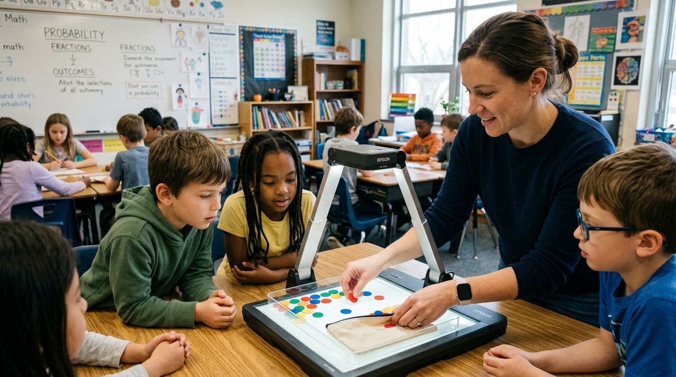 Teacher demonstrating probability with counters