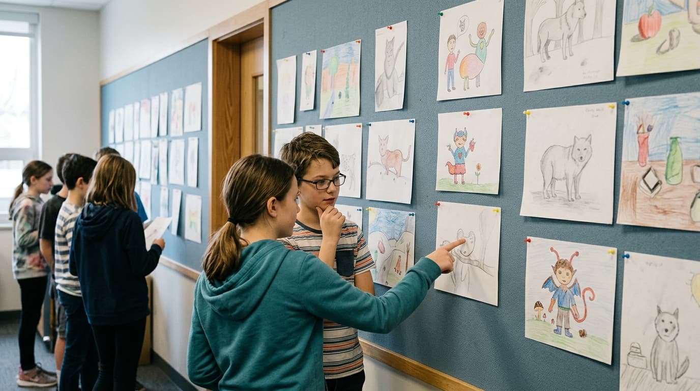 Gallery walk of student artwork on a wall