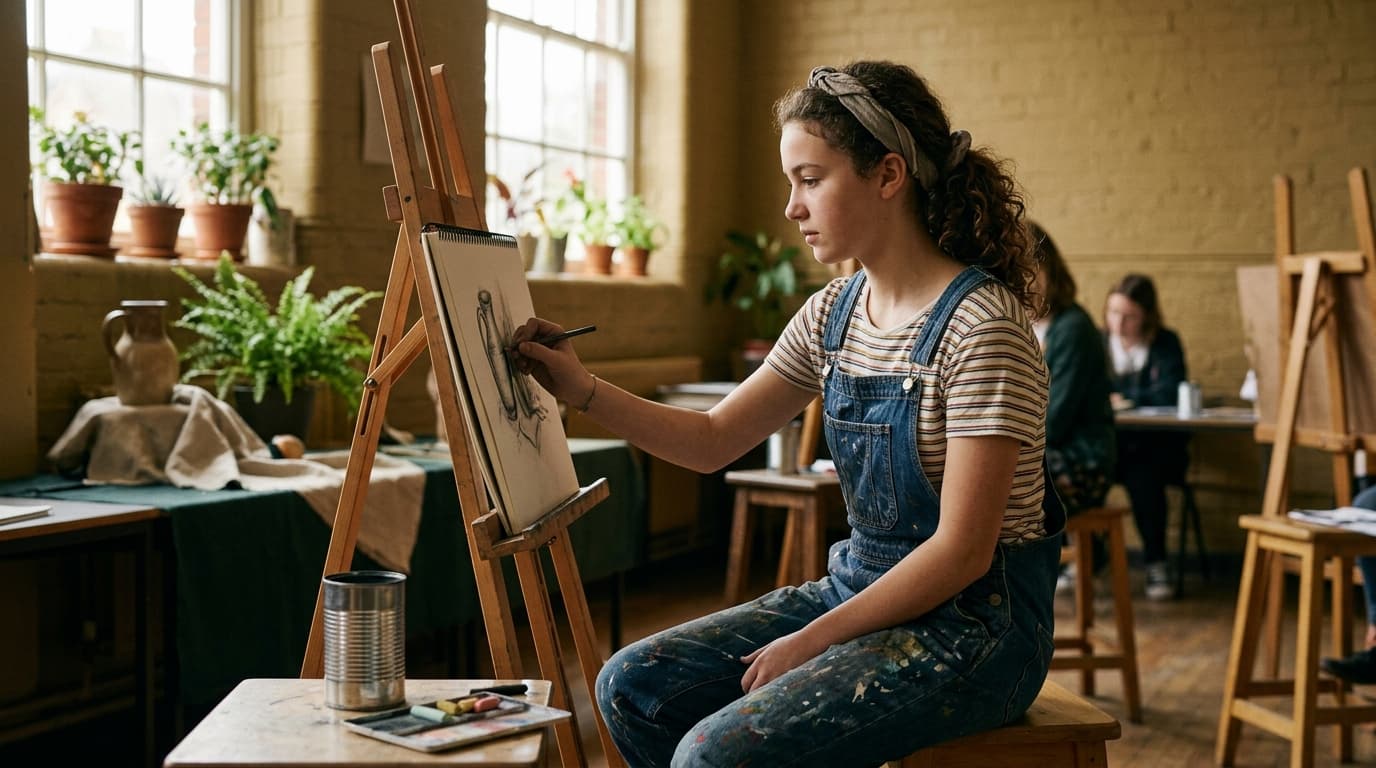 Student sketching at an easel in art class