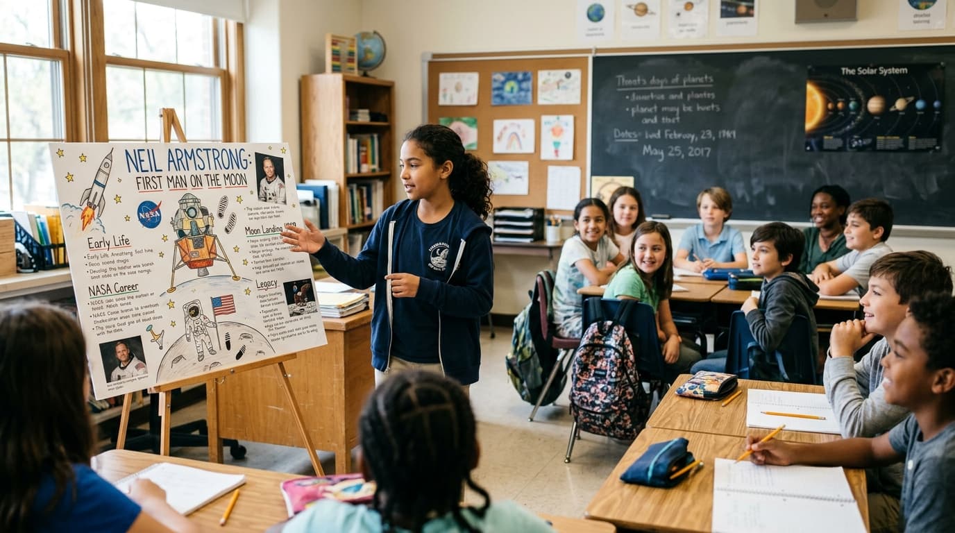 Student presenting a space biography poster to class