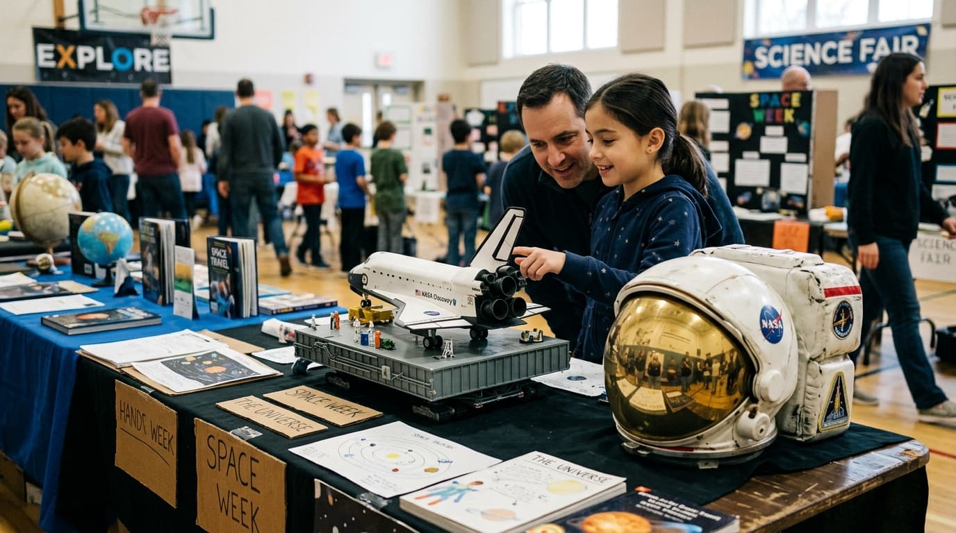 Model rocket and astronaut gear on a science fair table