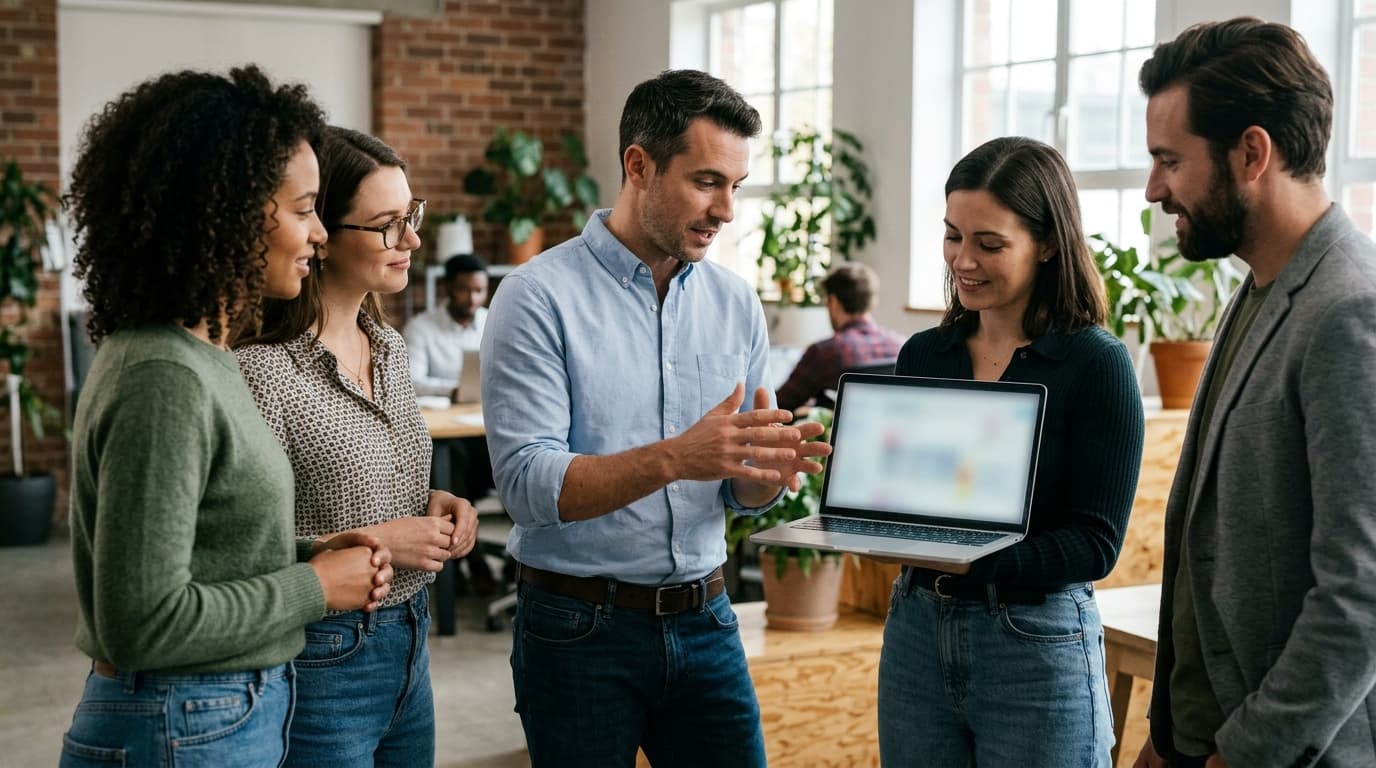 Team lead sharing a laptop during standup