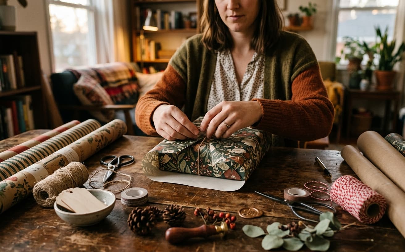 Person wrapping a present at a craft table