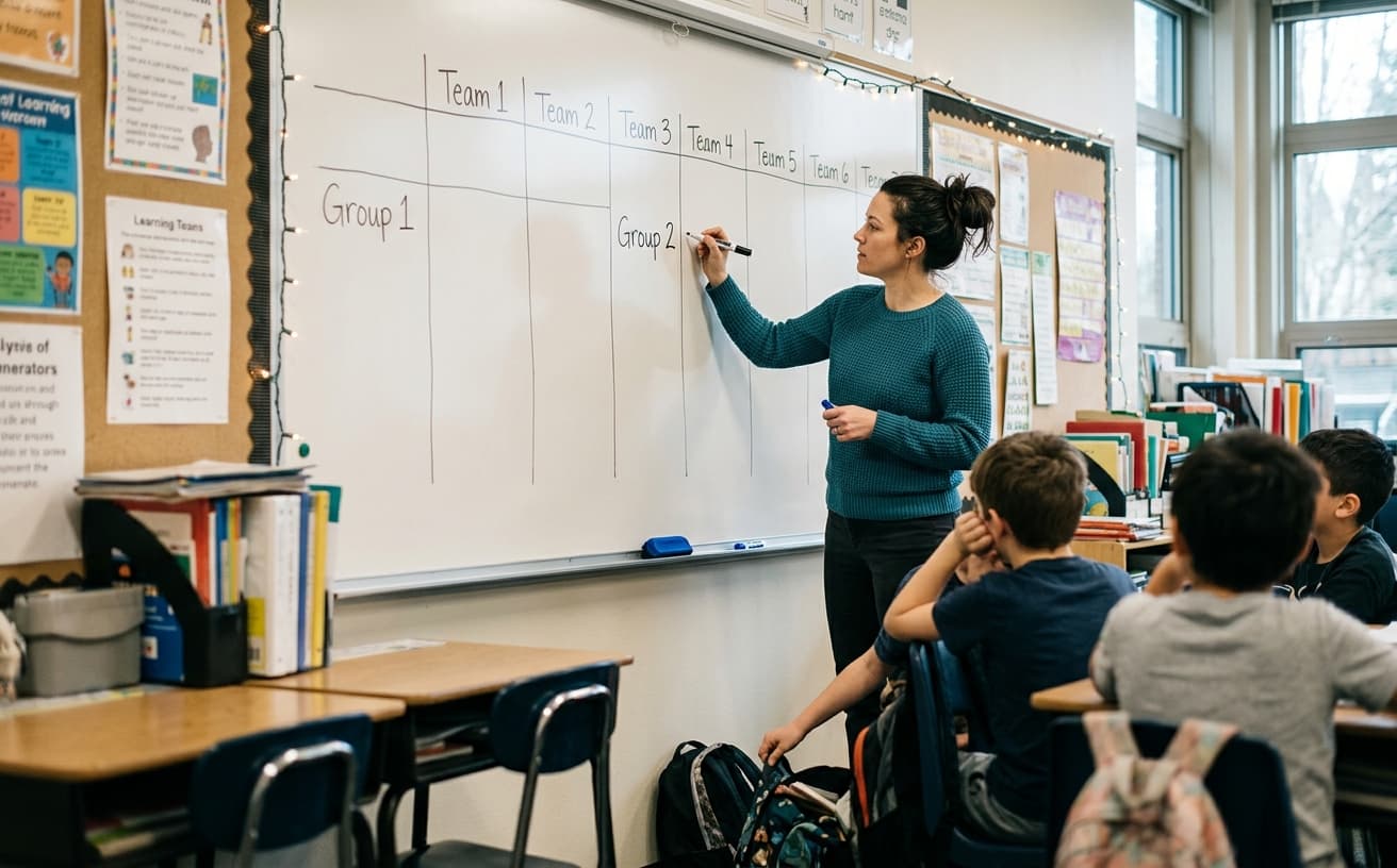 Teacher writing group numbers on whiteboard