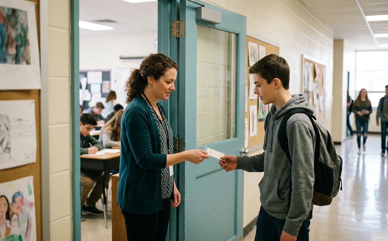 Teacher handing a hall pass at a classroom door
