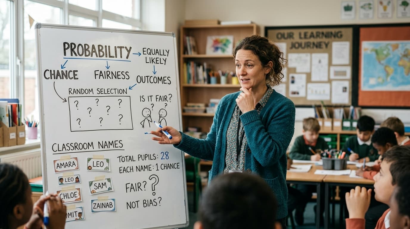 Teacher explaining probability at a whiteboard