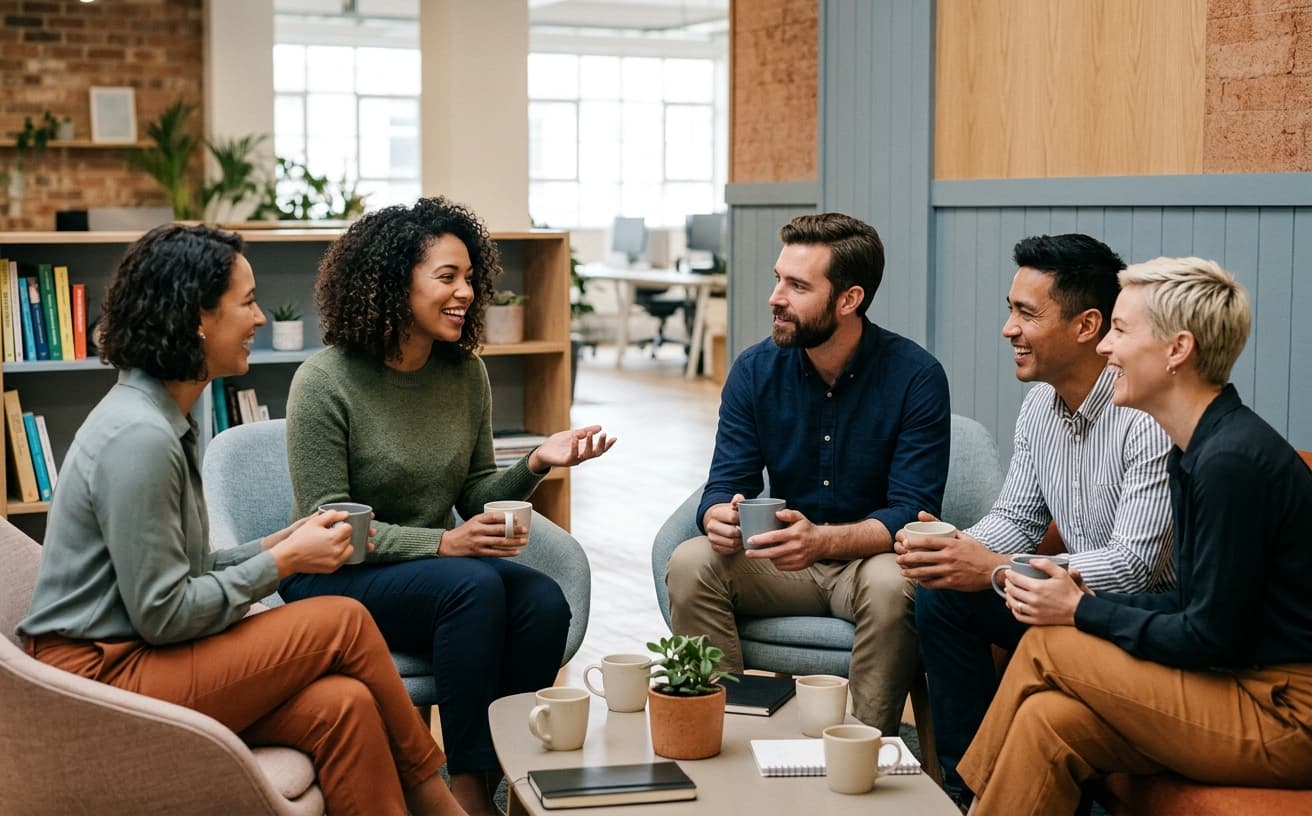 Colleagues chatting in a breakout circle