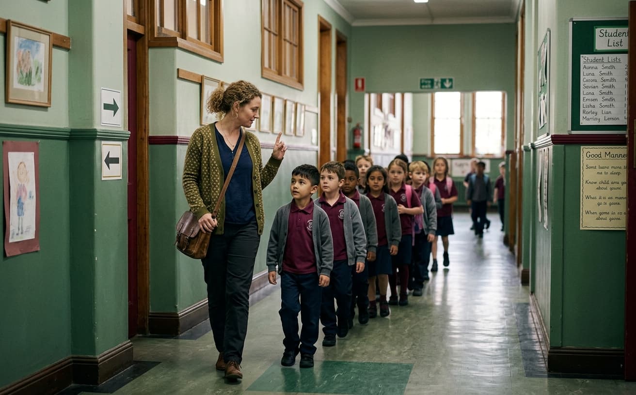 Students walking in a hallway line