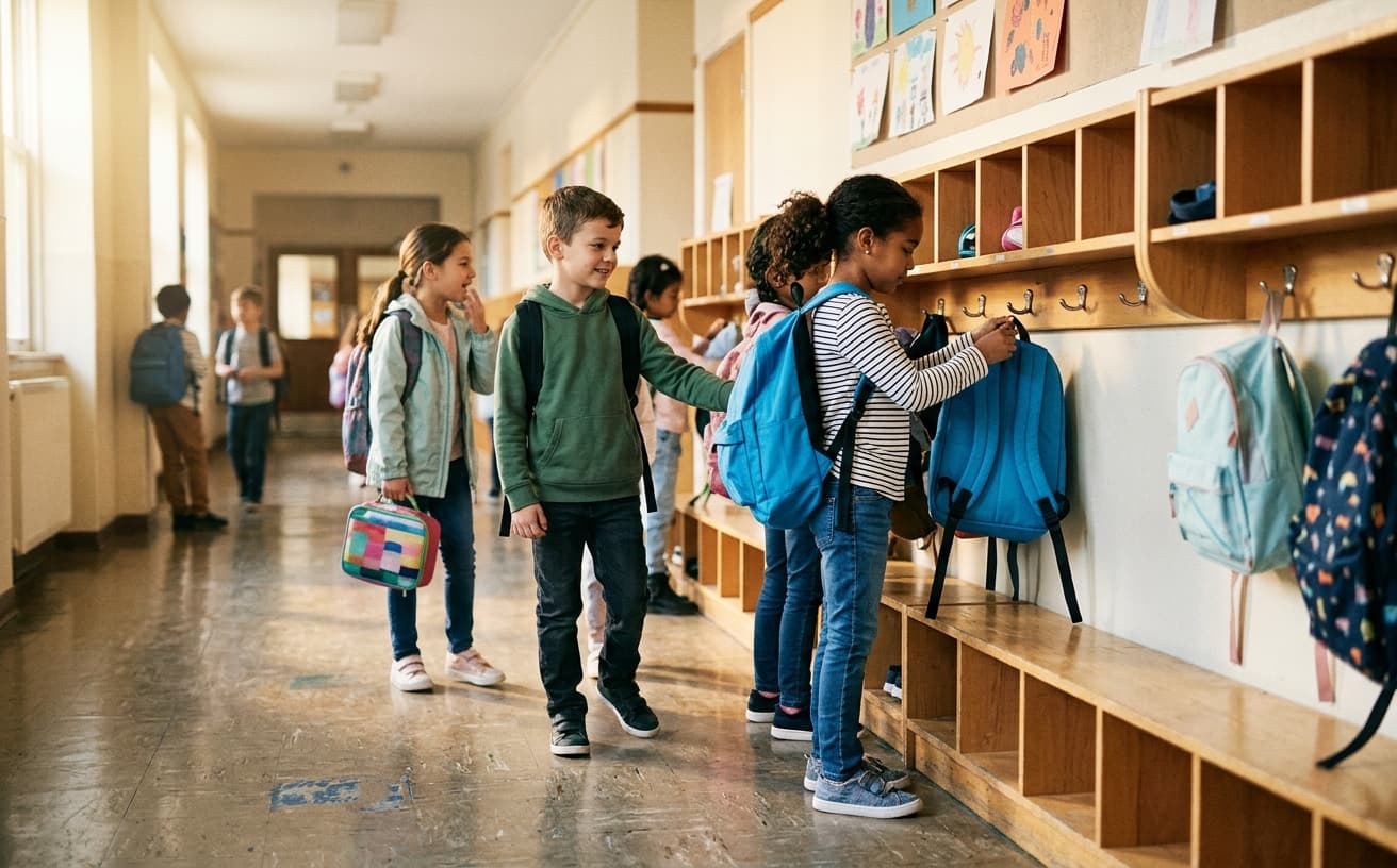 School entrance with backpack hooks