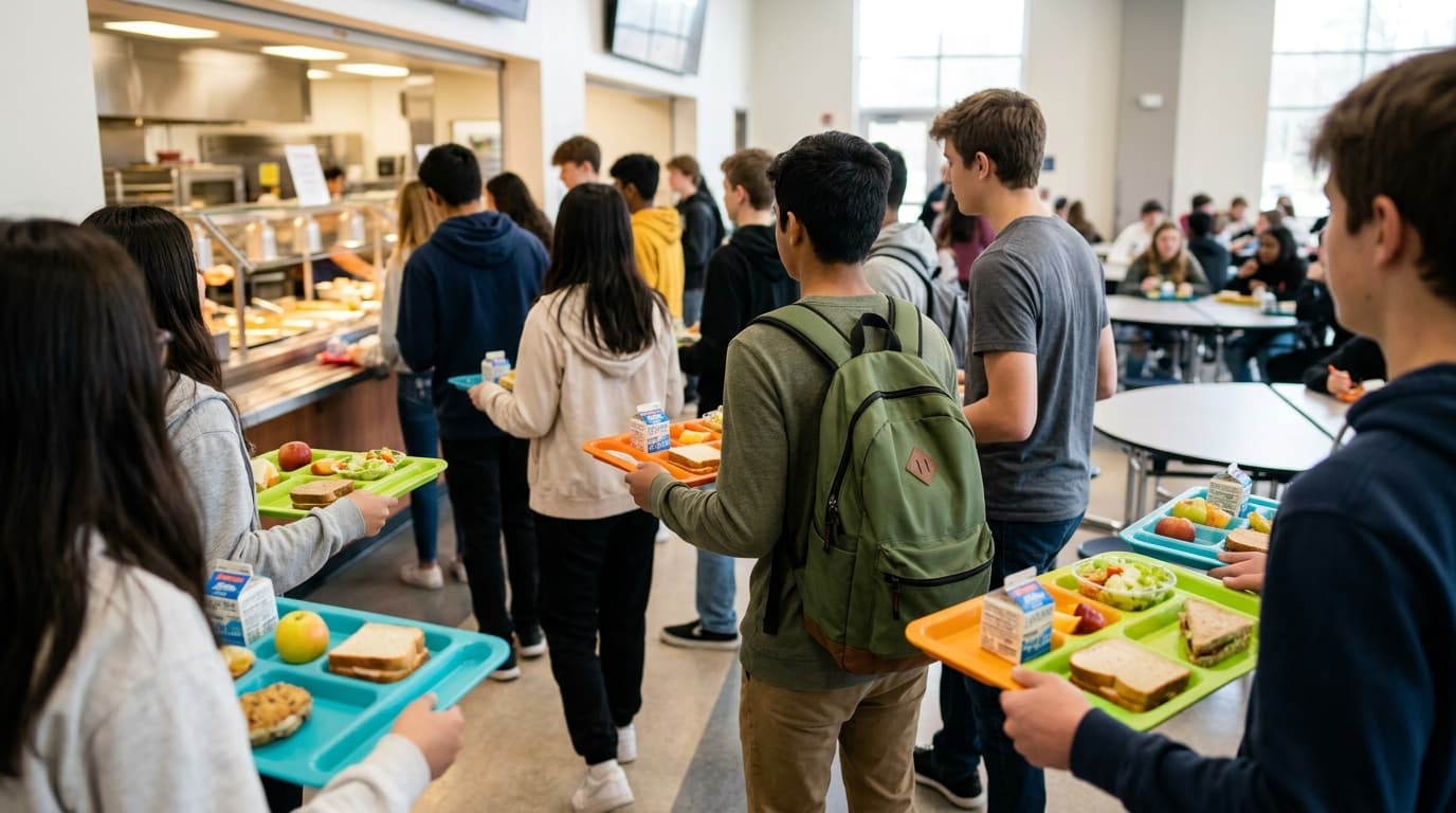 Students in a cafeteria lunch line