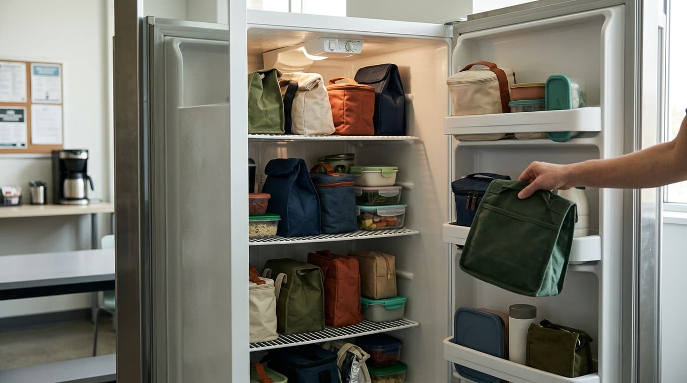 Office break room with lunch bags in a fridge