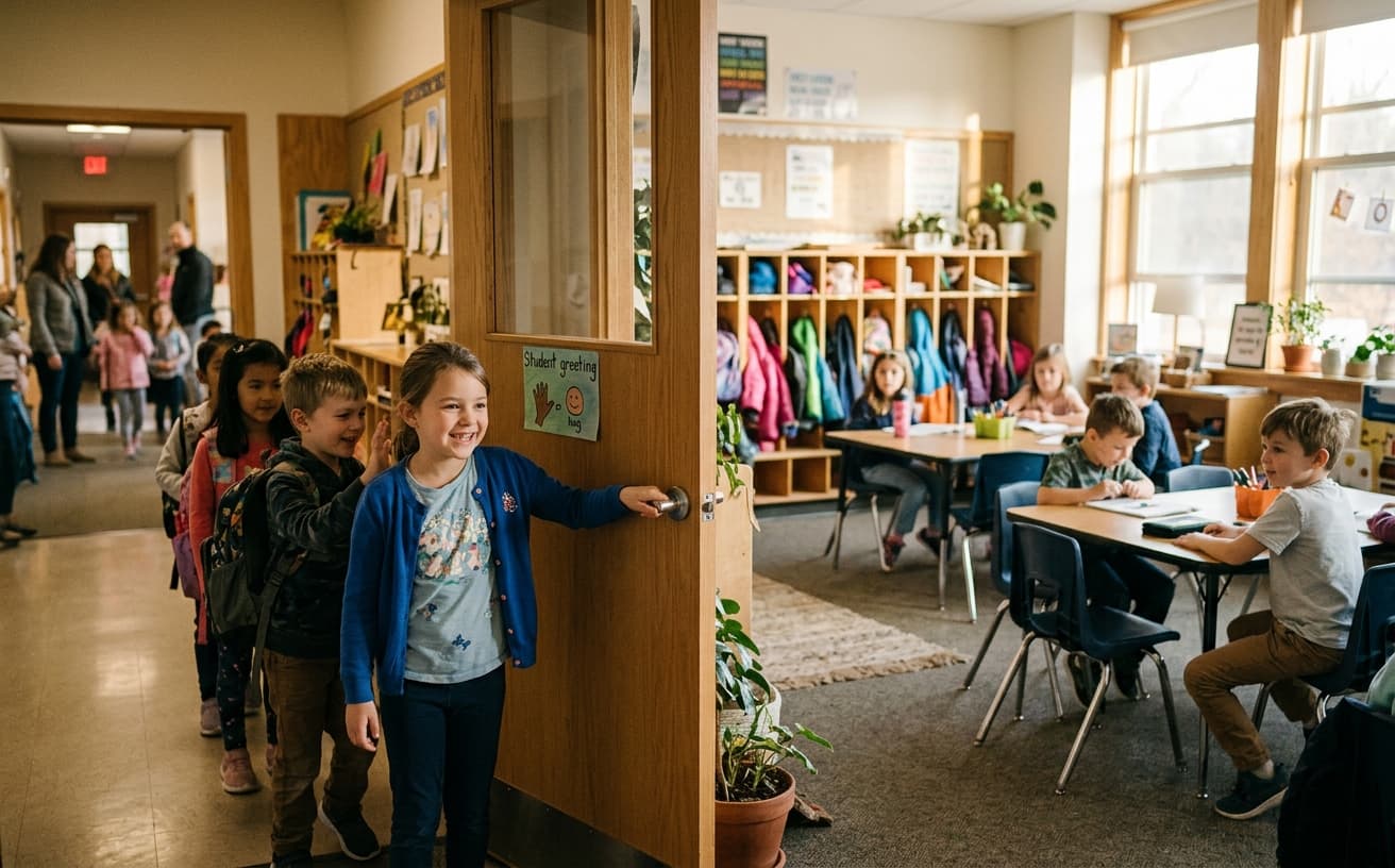 Student greeting classmates at the door