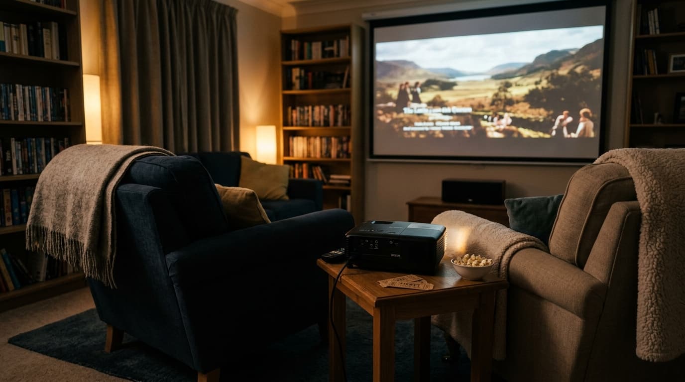 Home projector setup in a dim living room