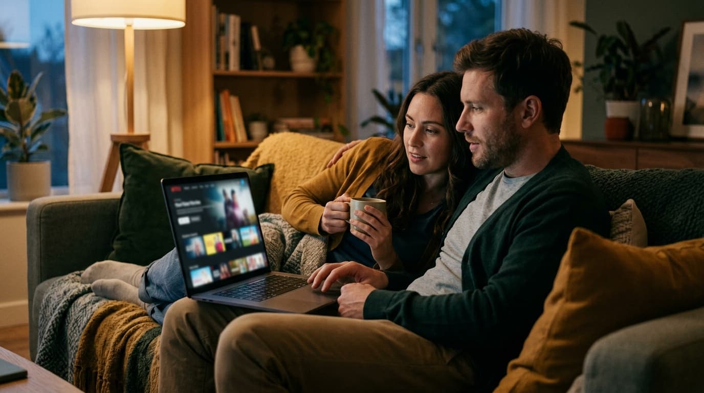 Couple searching streaming on a laptop from the sofa