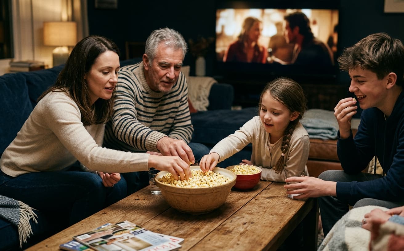 Family reaching for popcorn during a movie