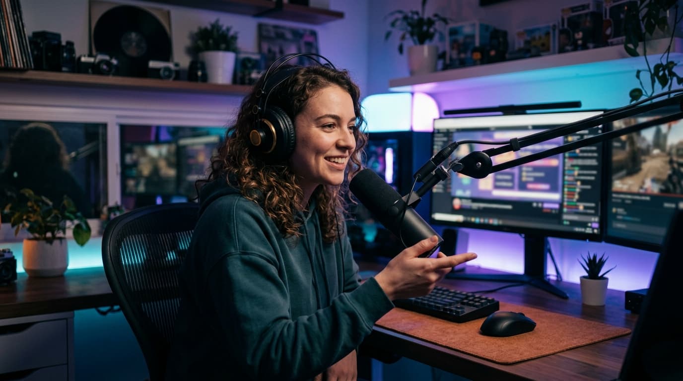 Creator at a streaming desk with soft lighting