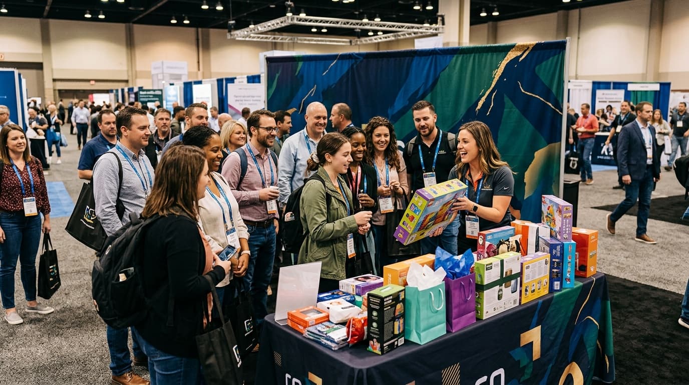 Trade show booth with a small crowd