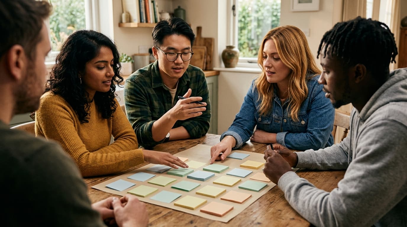Friends planning together at a kitchen table