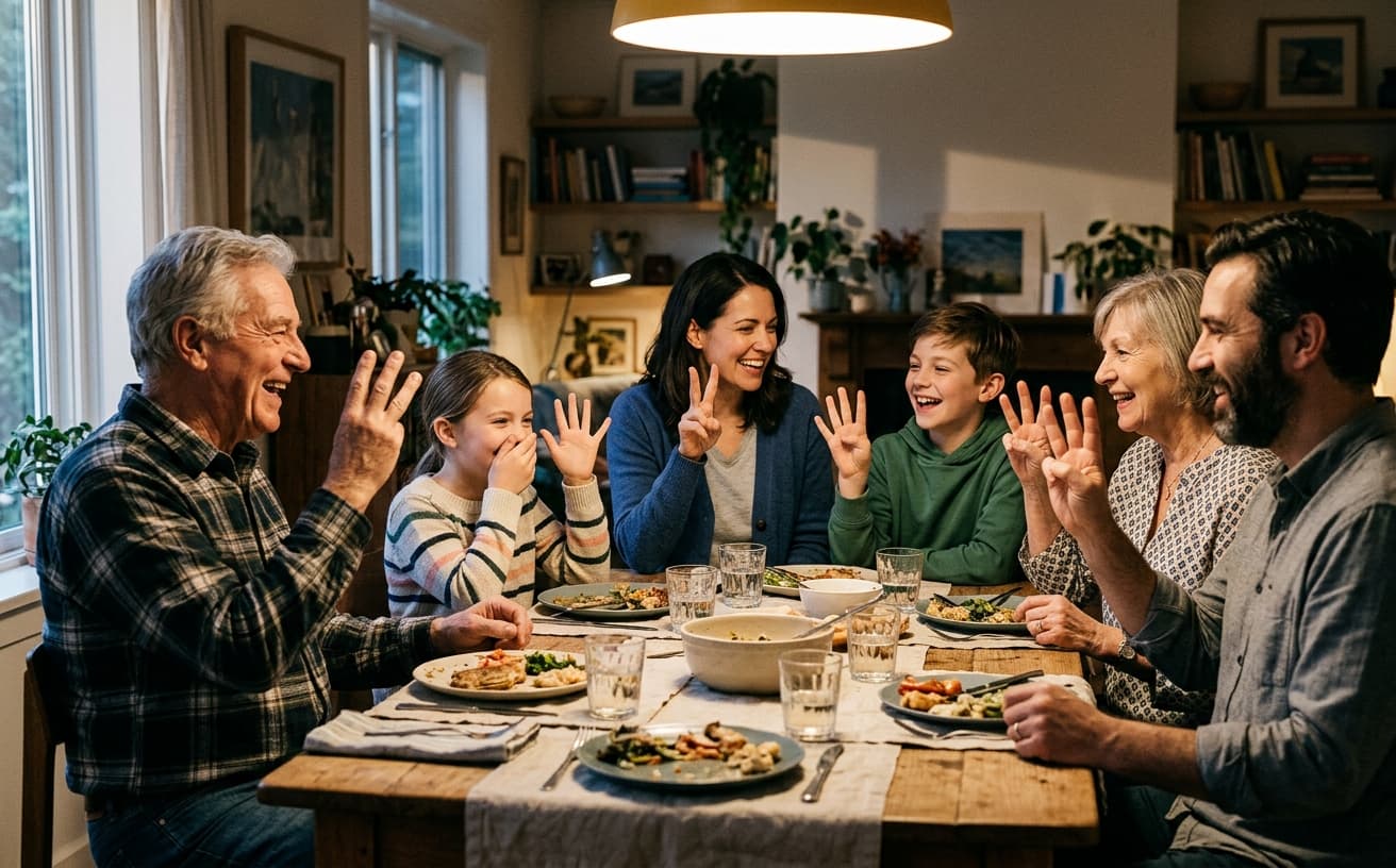 Family playing a finger game at dinner