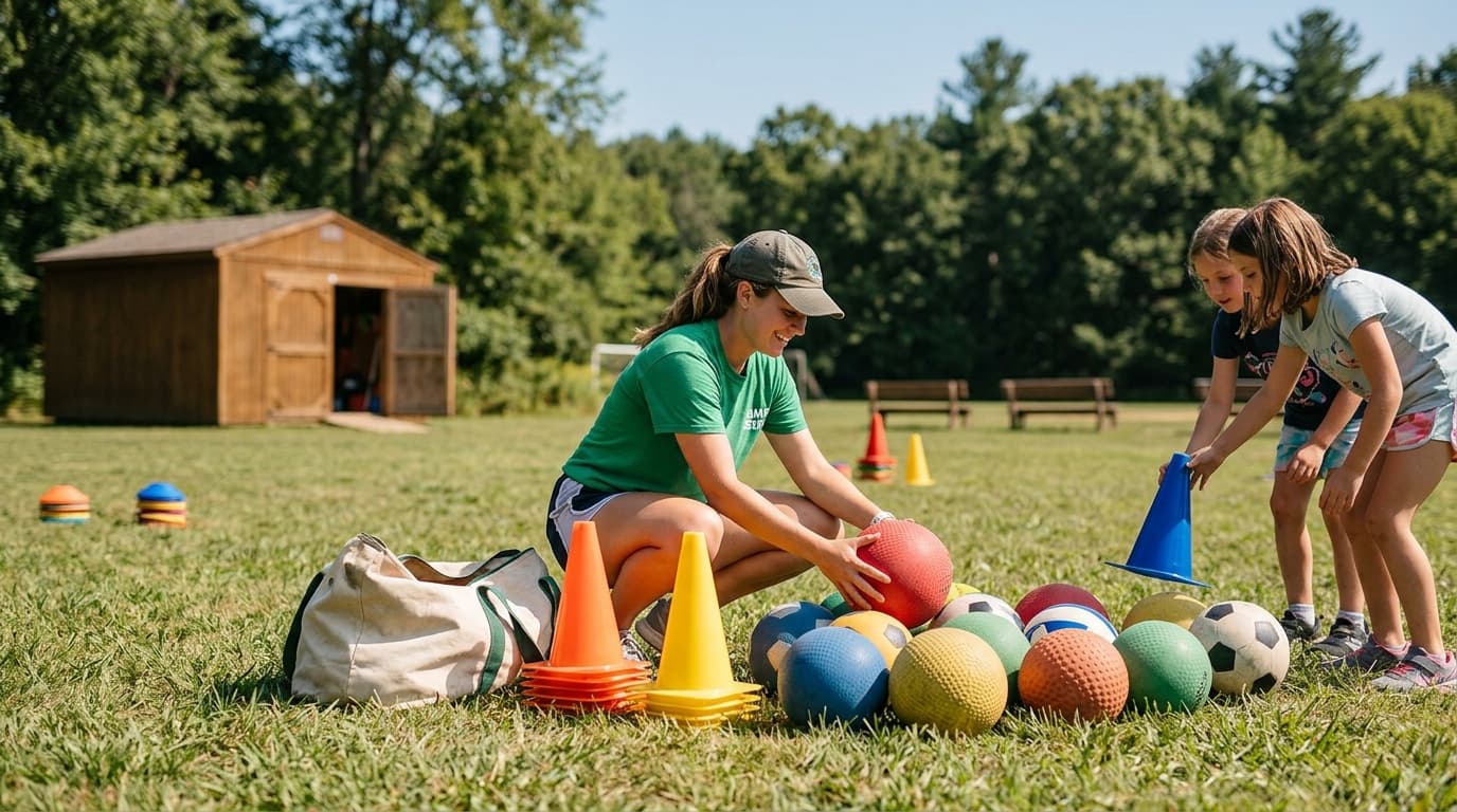 Camp counselor setting up cones on a sunny field