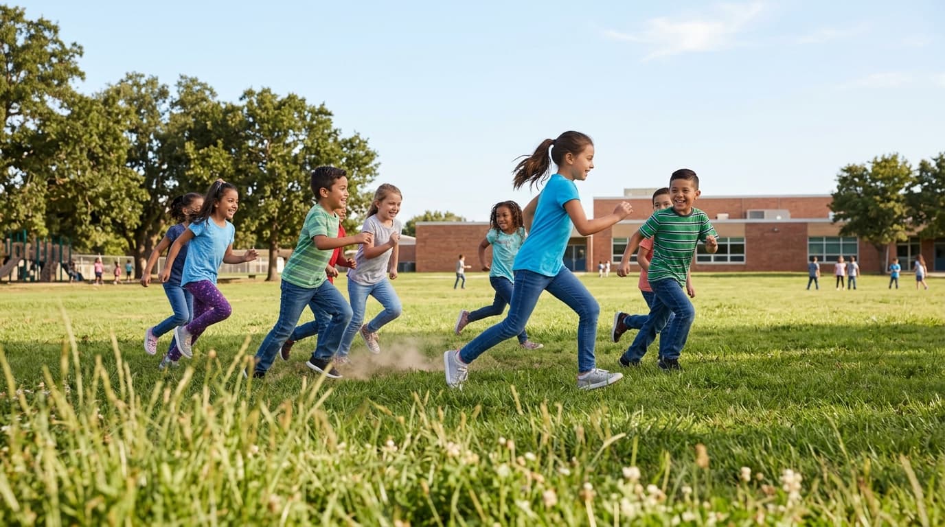 Children running on a school field during recess