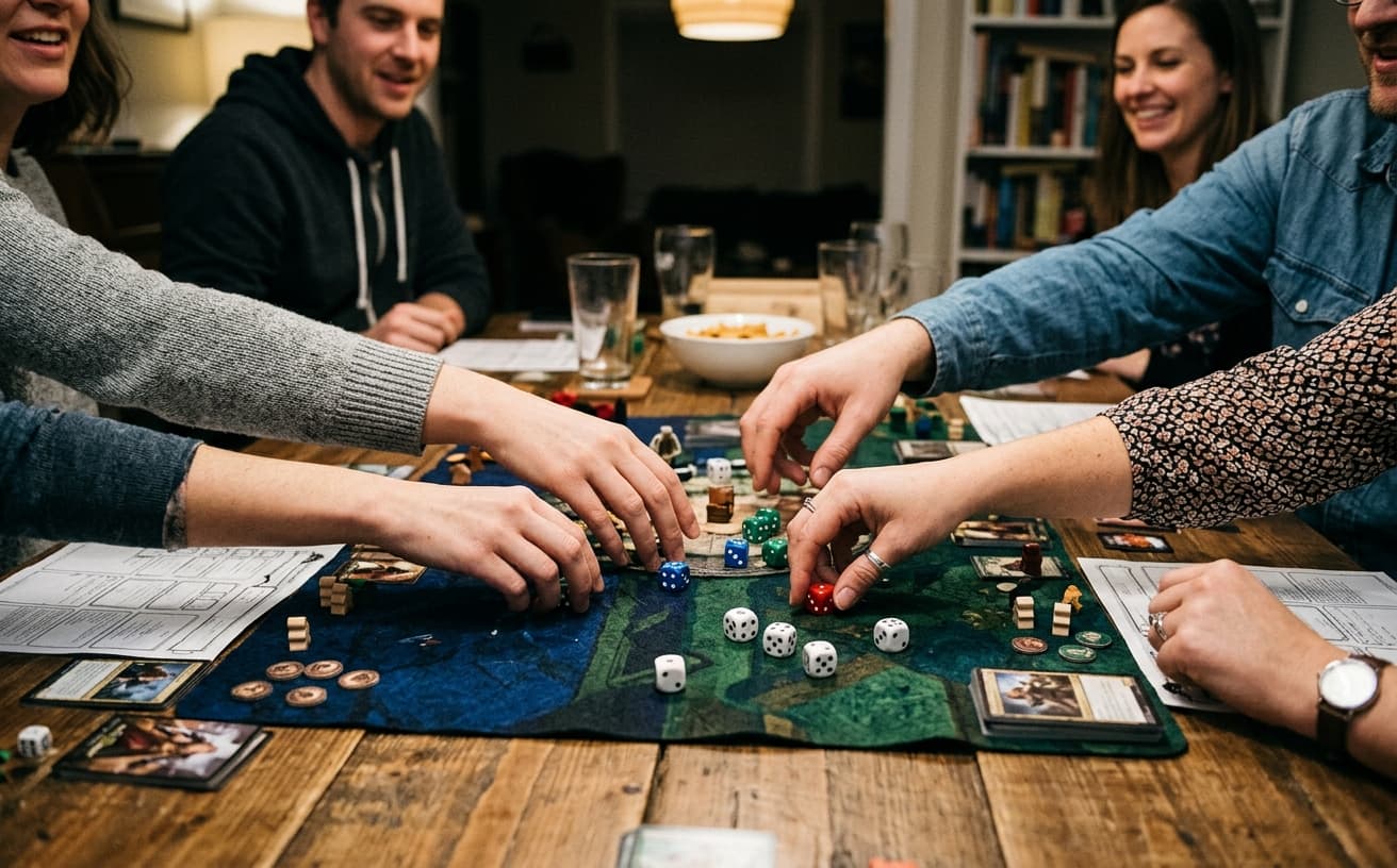 Hands rolling dice on a board game table