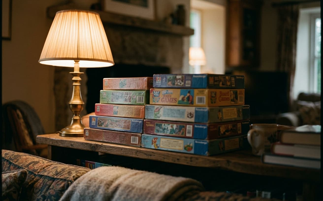 Colorful board games on a shelf
