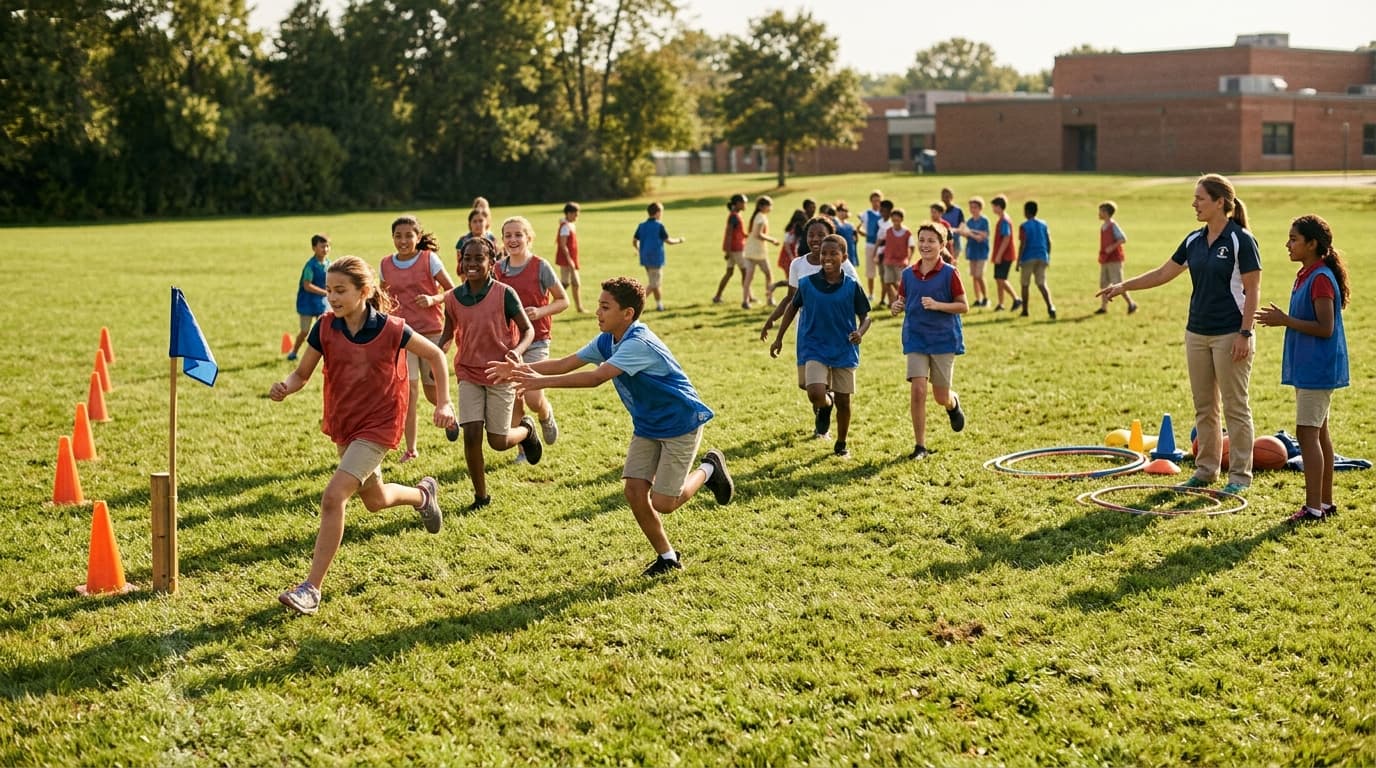 Students playing capture the flag during outdoor PE class