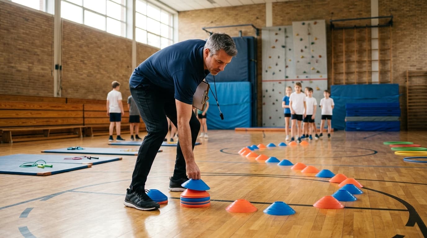 Coach setting up cones for a gym station rotation