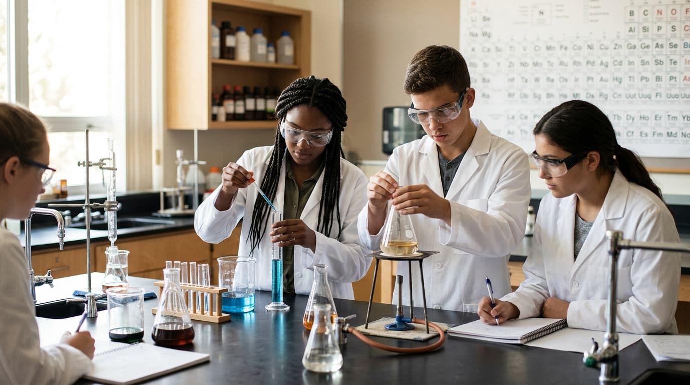 Students in lab coats at chemistry benches