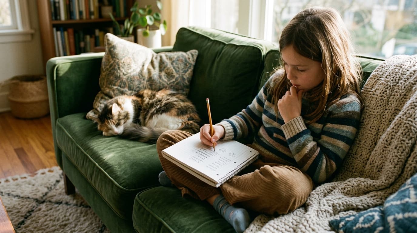 Child journaling beside a sleeping cat