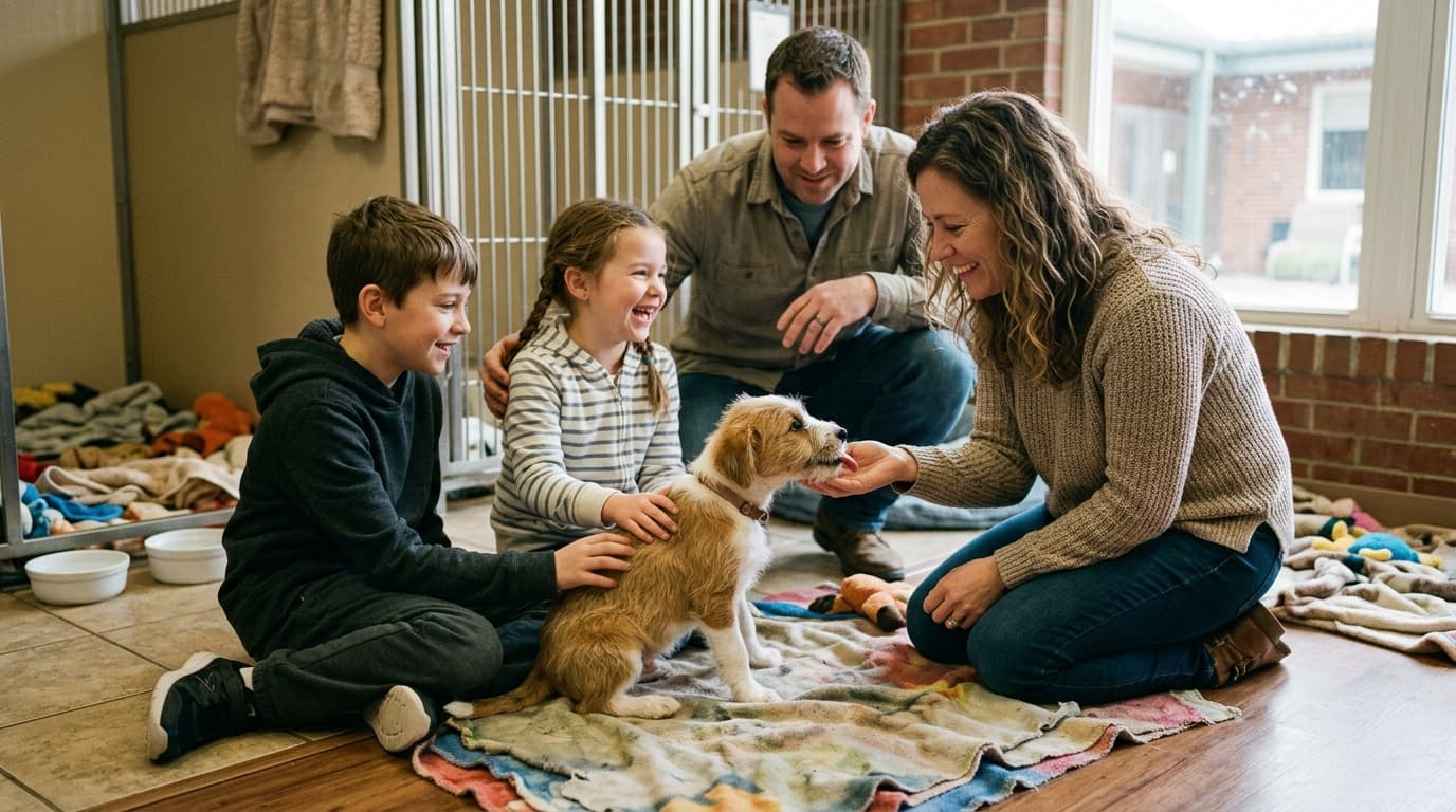 Family meeting a puppy at an animal shelter