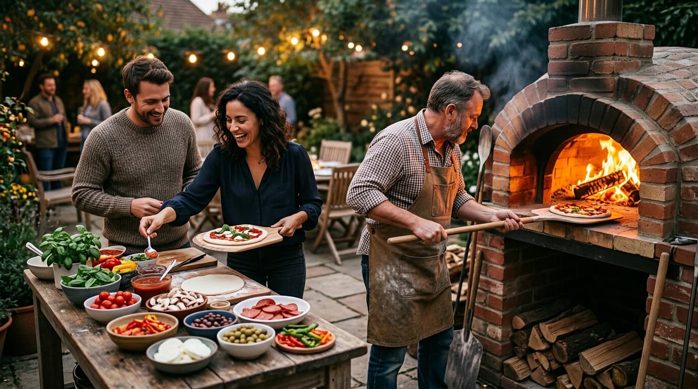 Wood-fired pizza oven in a backyard