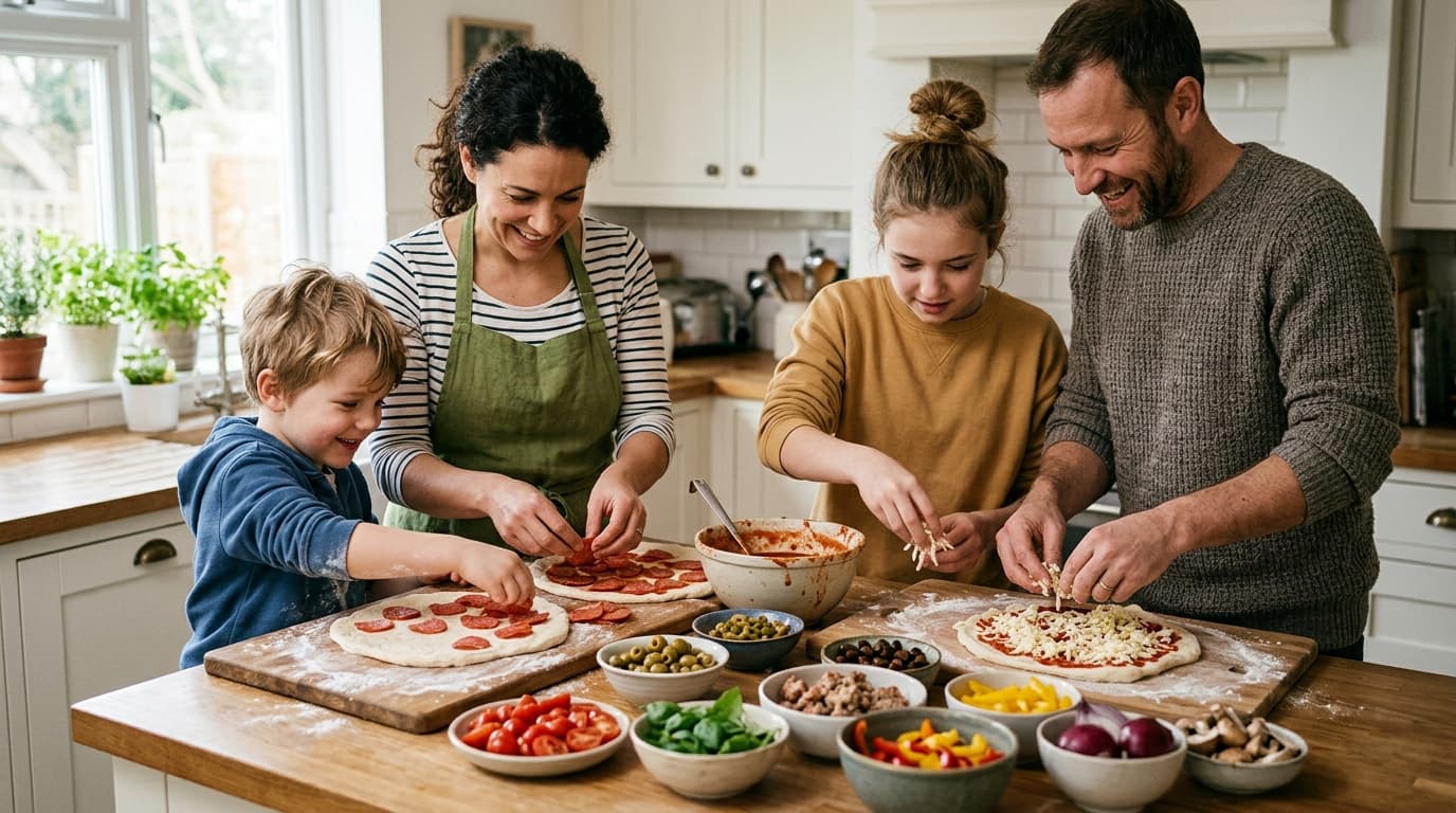 Family assembling pizza toppings at a kitchen island