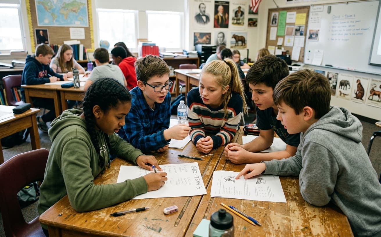 Students huddled over quiz answer sheets