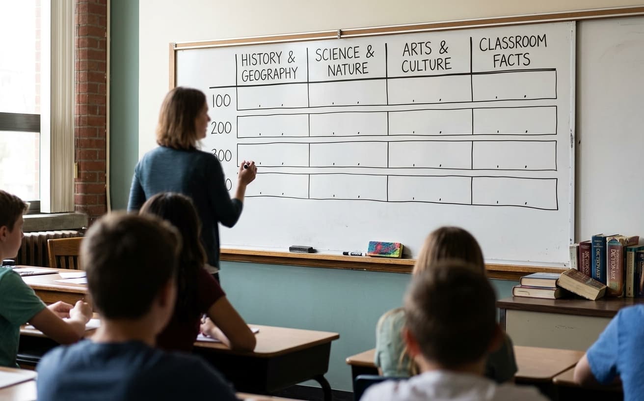 Classroom whiteboard with trivia layout
