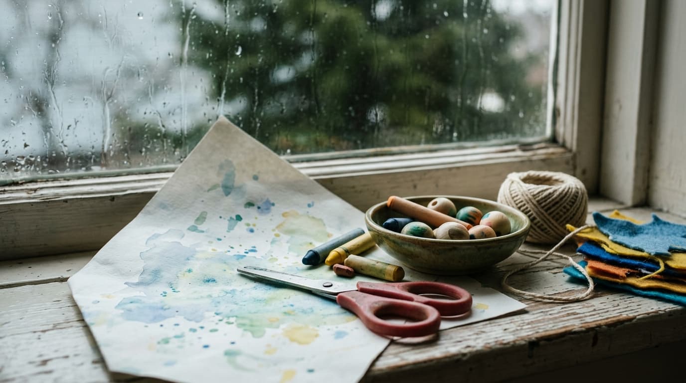 Craft supplies and puzzles on a table for a rainy day at home