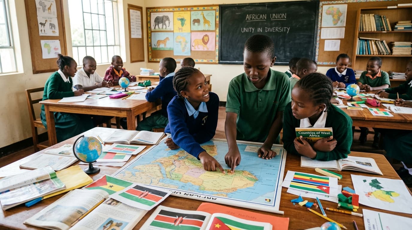 Students studying a large map of Africa in geography class
