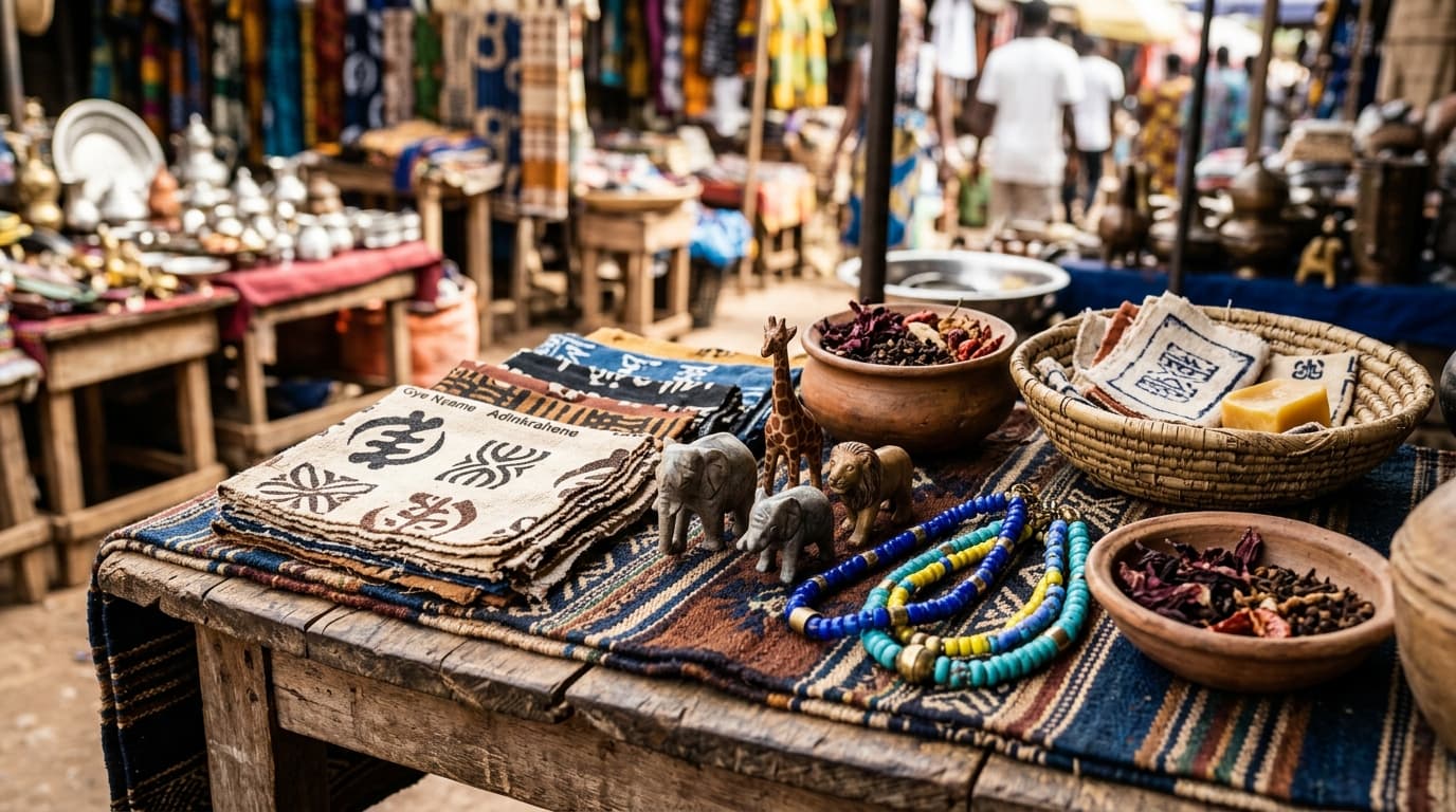 African cultural textiles and photos on a classroom display table