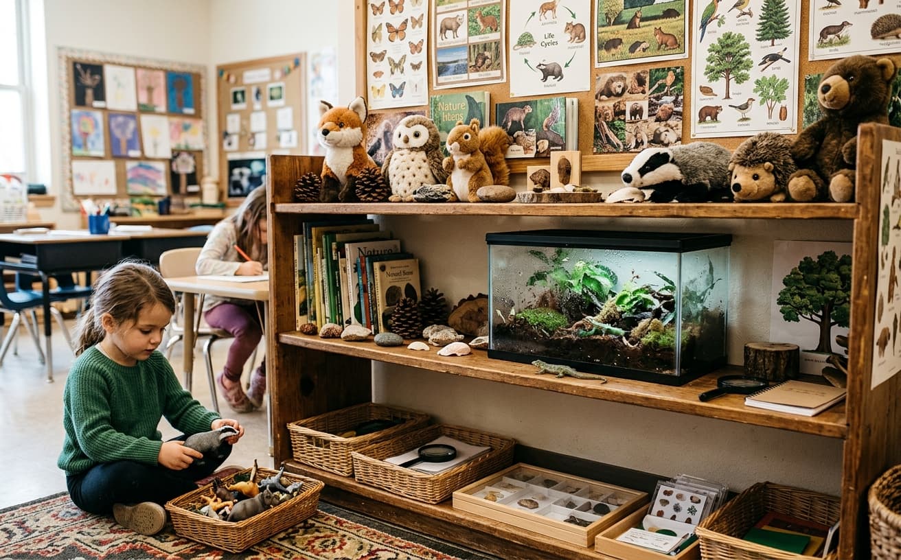 Elementary science corner with nature materials