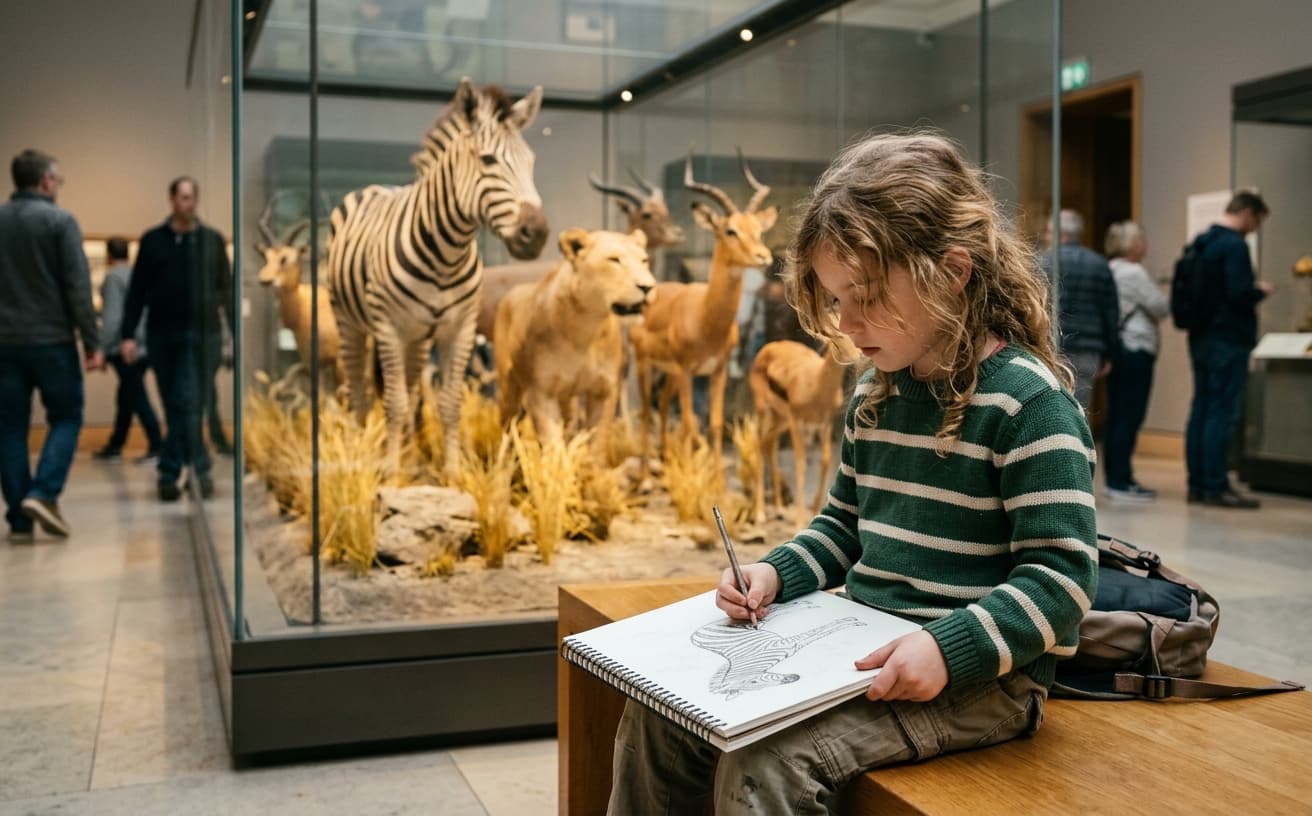 Child sketching an animal at a museum