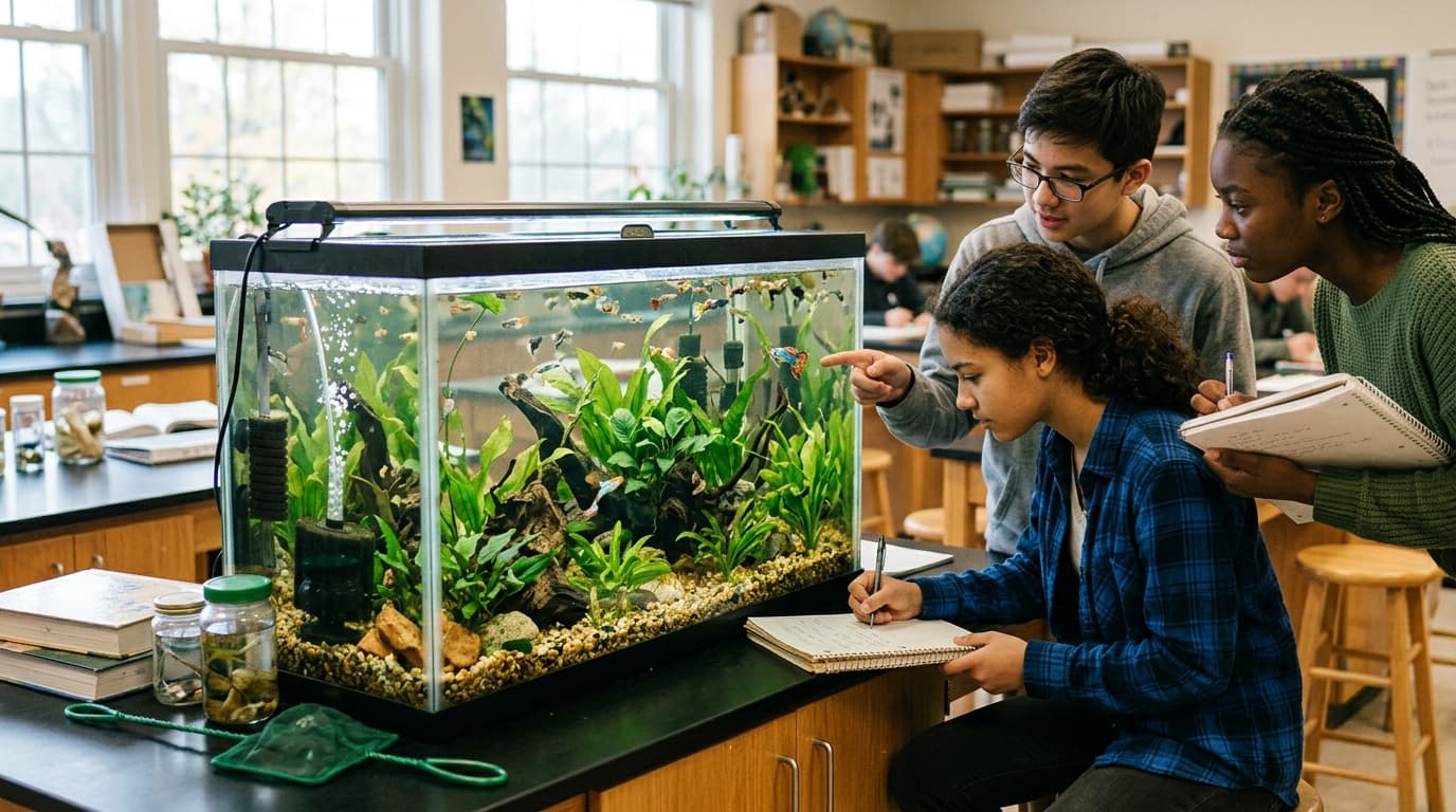 Students observing fish in a classroom aquarium