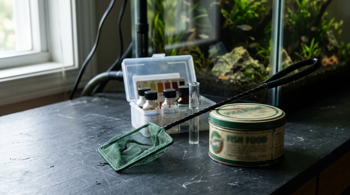 Aquarium care supplies on a science lab bench
