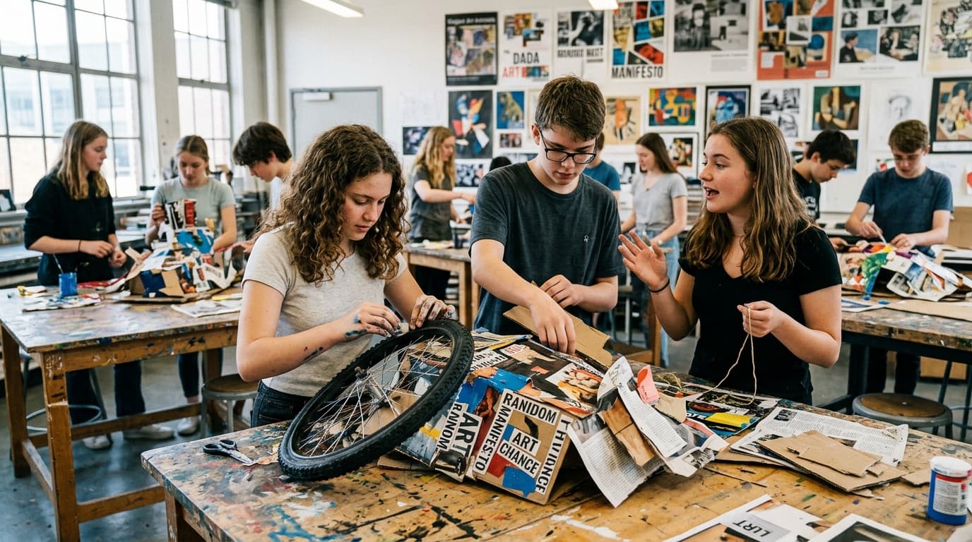 Student painting cubist shapes at an art studio easel