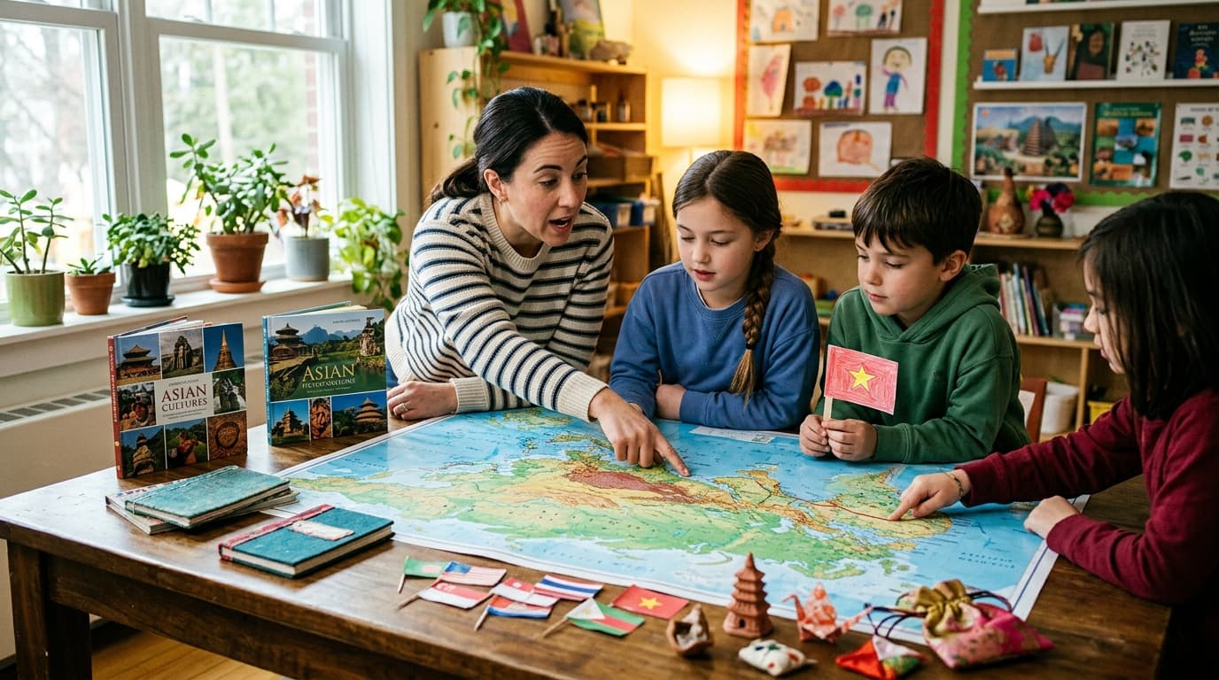 Student working on an Asia map worksheet at a desk