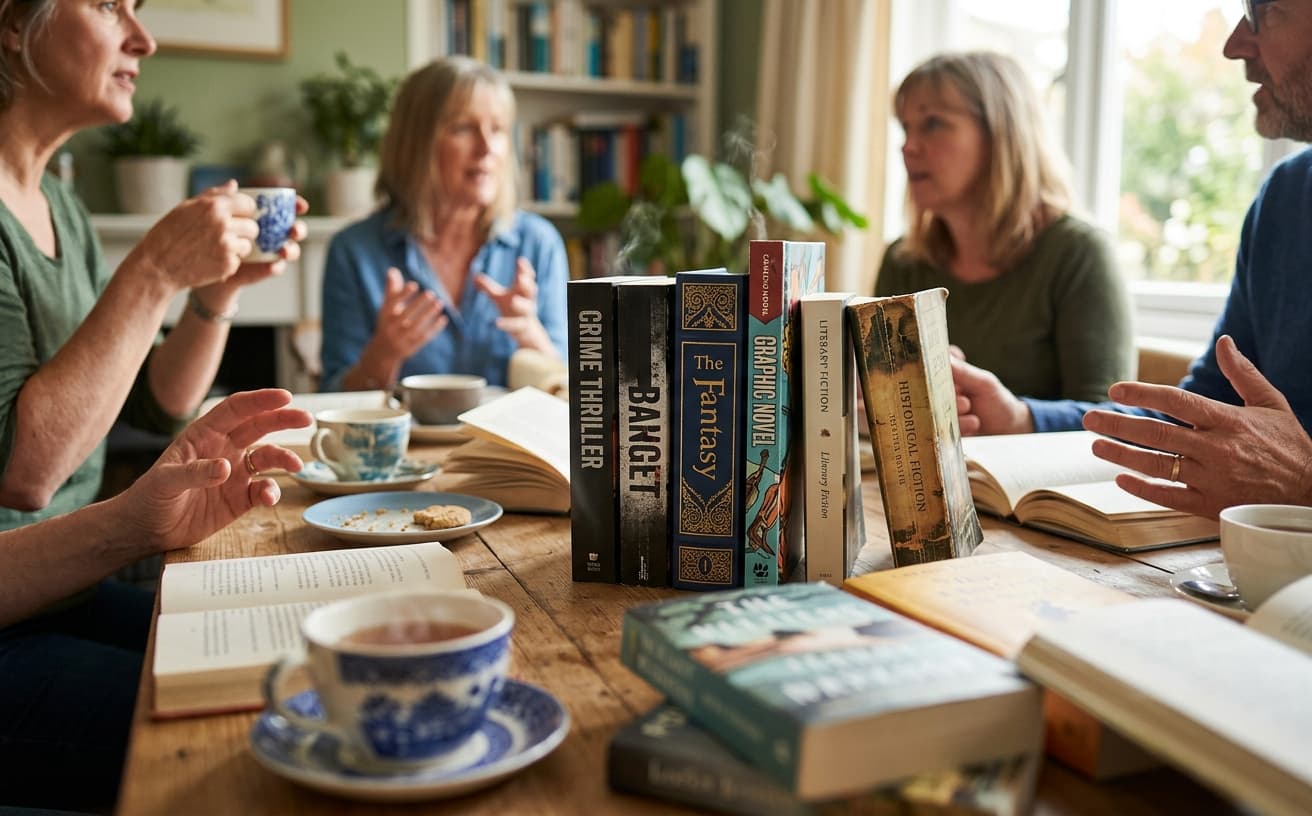Book club table with tea and novels