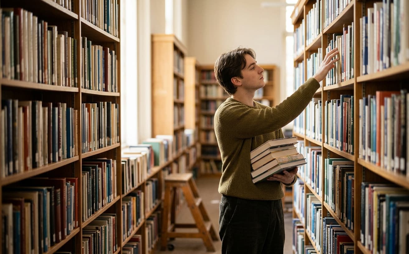 Student browsing library shelves