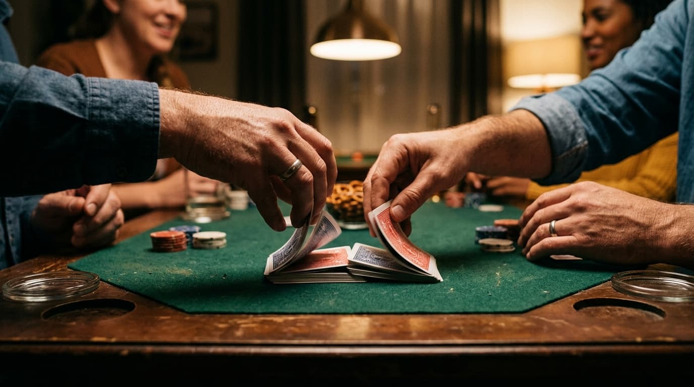 Hands shuffling a deck on a card table