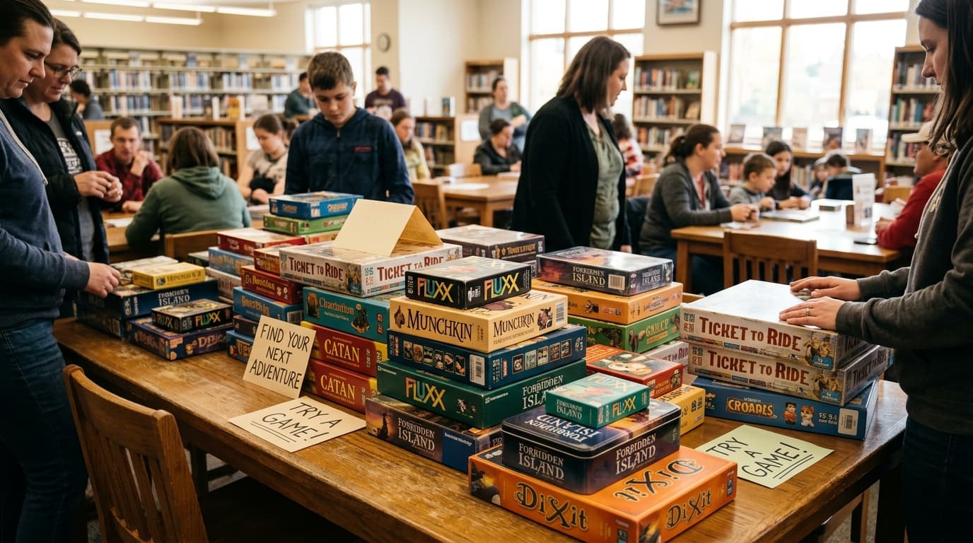 Library table with card and board games
