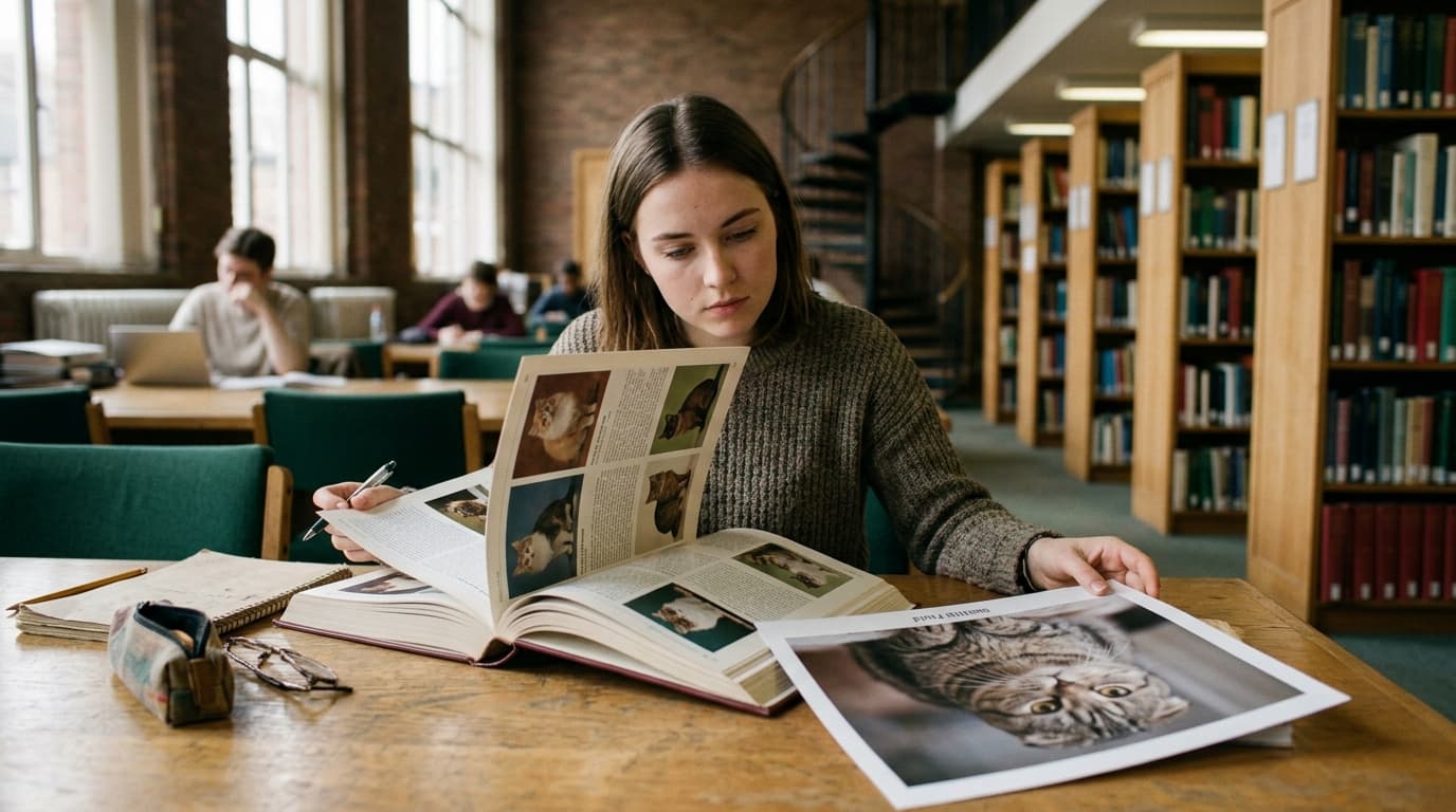 Student researching cat breeds in a library book